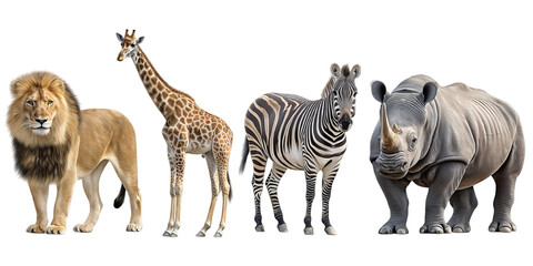 Obraz premium A powerful group of wild African animals, including a lion, giraffe, zebra, and rhinoceros, stands on a transparent background.