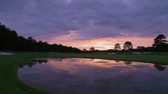 stunning natural vista featuring southern golf course at twilight with brilliantly colored sky mirrored in rainwater puddle post-rainfall during sunset