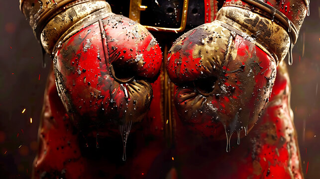 Red boxing gloves on boxing after ring, gym and fighting sport symbol of strength