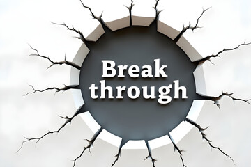 broken concrete wall, dark cracked surface, light shining through hole, text "Break through" in center, cinematic lighting, dramatic shadows,