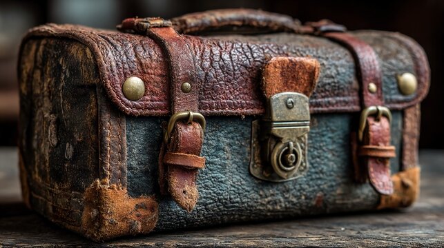 Close-up of vintage leather camera case with worn texture and metal buckles, evoking nostalgic travel  gear and classic accessory design.