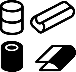 Four abstract geometric icons representing data storage, documents, and abstract shapes for modern design concepts.