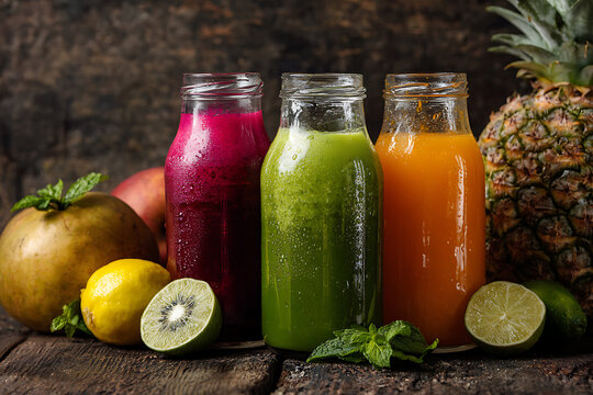 Three colorful bottles of fresh fruit juice with pineapple, kiwi, and mint on a rustic table. - Powered by Adobe