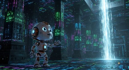 Cute robot in a futuristic city with bright lights and advanced technology.
