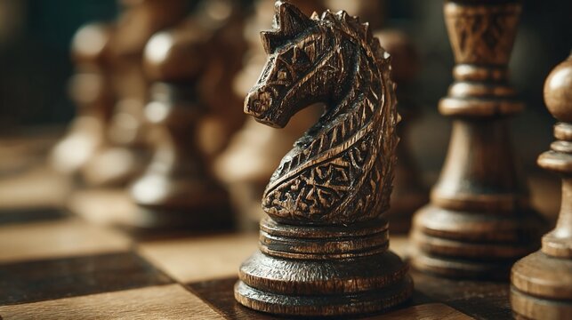 Close-up of wooden chess pieces carved in intricate detail on a chessboard, symbolizing strategic thinking, classic games, and refined craftsmanship in warm lighting.
