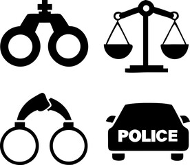 Justice and Law Enforcement Icons: Handcuffs, Scales of Justice, Binoculars, Police Car