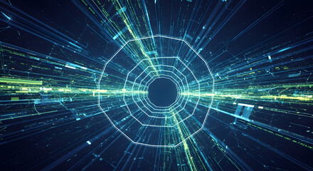 A futuristic journey through a high-speed digital tunnel with glowing blue and green data streams creating a sense of rapid technological movement.