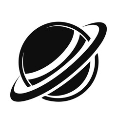"Ringed Planet Icon – Stylized Black and White Vector Depicting Saturn-Like Celestial Body with Dynamic Elliptical Rings – Representing Astronomy, Space Exploration, and Futuristic Concepts – Ideal fo