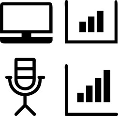 Monitor, microphone, and rising bar chart icons represent business success and communication.