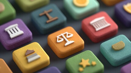 Collection of legal icons on colorful square blocks representing modern justice system visuals, law symbols for digital content, and legal-themed iconography illustration