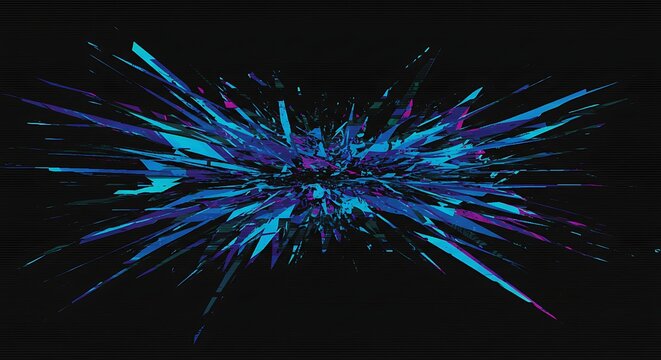 Abstract explosion of shattered geometric forms in cool shades on dark backdrop