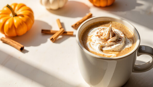 Creamy pumpkin spice latte in a mug with cinnamon sticks and pumpkins  