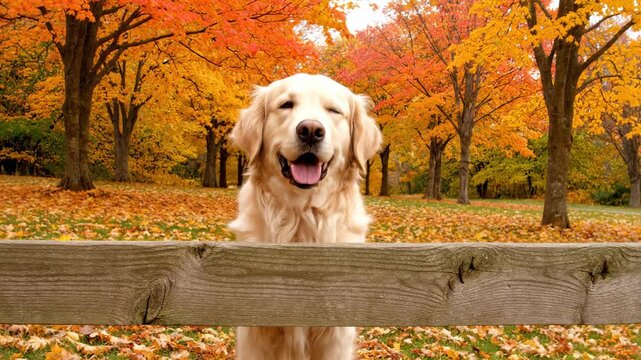Happy Golden Retriever in Autumn Park - A cheerful golden retriever dog peeks over a wooden fence in a picturesque autumn park. The background is filled with vibrant orange and yellow fall foliage.