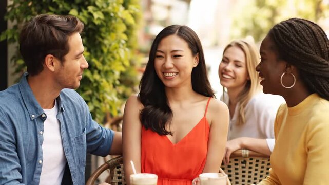 Happy Diverse Friends Enjoying Coffee Together - A group of four diverse young adults laugh and enjoy each other's company while sitting at an outdoor cafe table with coffee drinks.