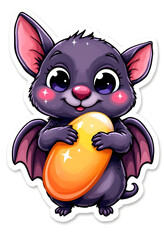 Smiling cartoon bat holding a big shiny orange candy in Halloween kawaii style