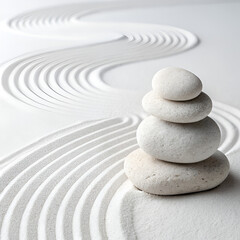 white background with natural stones arranged in balance, soft wave pattern in the backdrop, clean and modern spa aesthetic, high resolution, sharp focus.