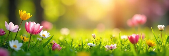 Joyful springtime scene featuring blooming flowers and lush green grass, bathed in the warm sunlight of a Caucasian spring Perfect for seasonal themes and nature-related projects , renewal, pink