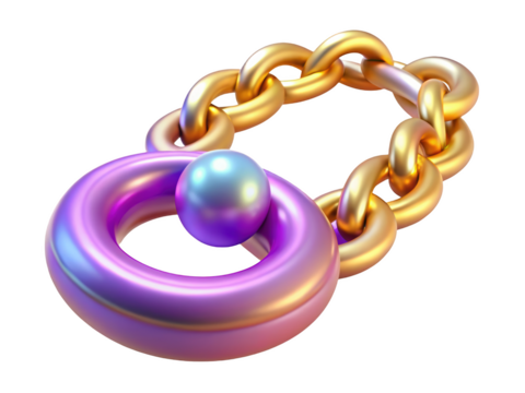 Abstract golden chain with donut and sphere metallic ornaments 3d illustration isolated on transparent background