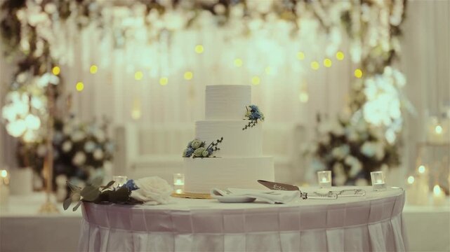 Elegant white three tier wedding cake decorated with pastel flowers, placed on a round table with candles, in a beautifully lit reception hall with floral decor
