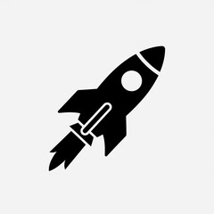 Simple black rocket ship icon ascending against a white background