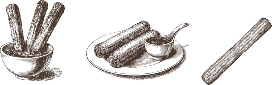 Tasty set of churros, vintage style. Black and white traditional spanish food isolated on white background.