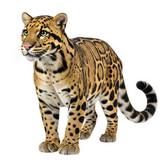 Obraz premium A Sunda Clouded Leopard is depicted in a full-body shot, isolated against a pristine white background.