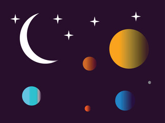 Space Galaxy Vector Illustration with Moon, Stars, and Colorful Planets - Celestial Cosmos Design Element.