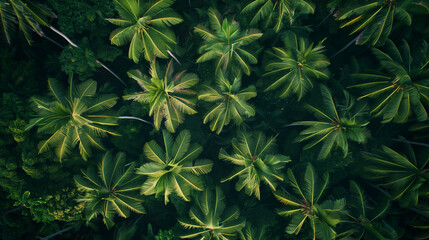 Aerial perspective reveals a dense and vibrant canopy of tropical palm trees. Sunlight filters through the leaves, highlighting the rich greens of this lush forest habitat during midday