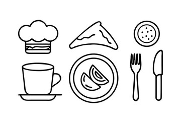 Vector art of food and drink icons set with chef hat, sandwich, cup
