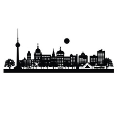 Fototapeta premium Black silhouette of a city skyline with a tall tower and moon