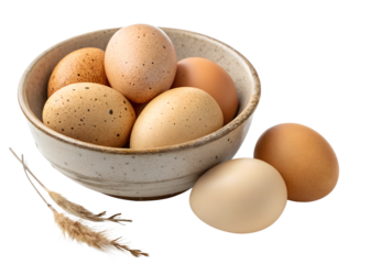 Fresh brown farm eggs in a ceramic bowl, isolated on white background, photorealistic.