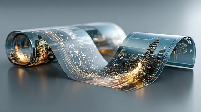 Conceptual flexible display roll with digital screen surface unfurled partially showing future portable screen tech in unpowered state