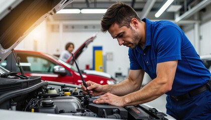 Man repairing engine in automotive workshop with car in background  