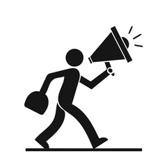 "Activist Speaker Icon – Stylized Black and White Silhouette of Person Walking with Megaphone and Bag – Depicting Protest, Public Speaking, and Community Engagement – Minimalist Vector for UI/UX, Edit
