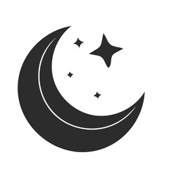"Crescent Moon and Stars Icon – Stylized Black and White Silhouette Featuring Lunar Curve and Scattered Star Cluster – Representing Nighttime, Dreams, Astronomy, and Celestial Beauty – Minimalist Vect