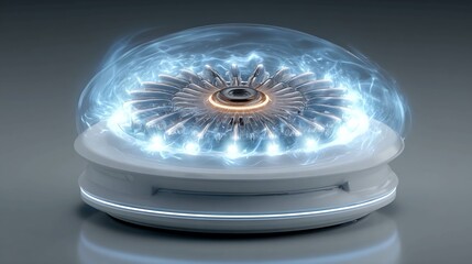 Conceptual kinetic power coil with rotating base and energy pulse spinner showing alternative energy generator for futuristic portable tech