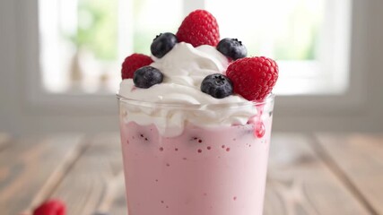 Delicious Berry Milkshake with Whipped Cream - Close-up view of a refreshing pink milkshake topped with whipped cream and fresh raspberries and blueberries. - Powered by Adobe