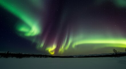 Vibrant Aurora Borealis dances across the starlit arctic sky in a breathtaking natural display of cosmic beauty