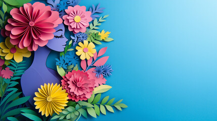 Obraz premium Papercut woman with wildflowers bouquet surrounded by leaves floral papercut art purple background womens day awareness concept