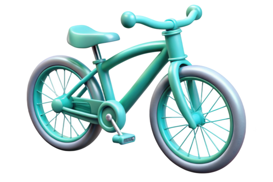 Toy bicycle rendered in turquoise color for children recreation and playtime activities depicted on background 3d illustration isolated on transparent background