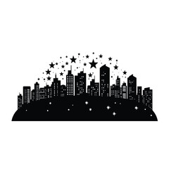 Obraz premium Silhouette of a city skyline with stars and lights