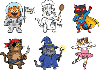 Funny cartoon cats in costumes, astronaut, chef, superhero, pirate, wizard, ballerina, adorable pet characters, vector illustration for design
