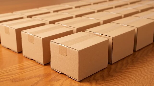 Rows of Cardboard Boxes on Wooden Surface - Neatly arranged rows of small, sealed cardboard boxes sit on a light brown wooden surface. The boxes are identical and appear ready for shipping or storage.