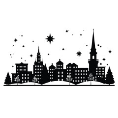 Fototapeta premium Winter silhouette of a charming town with falling snow and stars