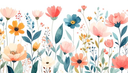 A vibrant display of various flowers in soft pastel colors, arranged in a lush floral border against a clean white background.