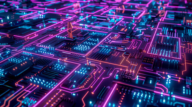 A vibrant aerial view reveals a cityscape designed as a circuit board, illuminated with glowing neon lines and colors