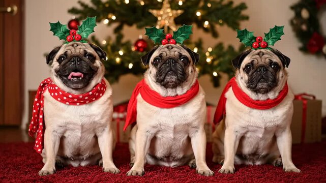 Three Pugs in Christmas Outfits - Three adorable pugs sit in a row, wearing red scarves and holly headbands, in front of a decorated Christmas tree.