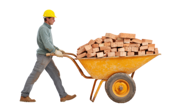 Construction worker pushing a wheelbarrow full of bricks