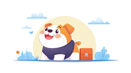Naklejka premium Delightful cartoon illustration of happy, chubby bulldog wearing blue shirt, sitting peacefully outdoors next to orange satchel under serene sky with soft clouds and stylized foliage.