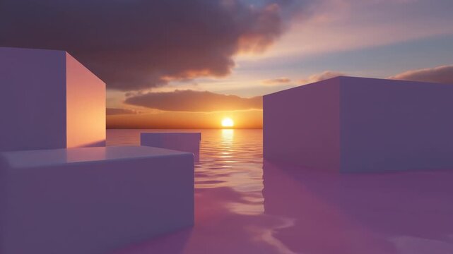 Minimalist Sunset Cubes in Pink Water - Three pale-purple cubes sit partially submerged in calm pink water at sunset. The sky features a vibrant orange and purple hue with fluffy clouds.